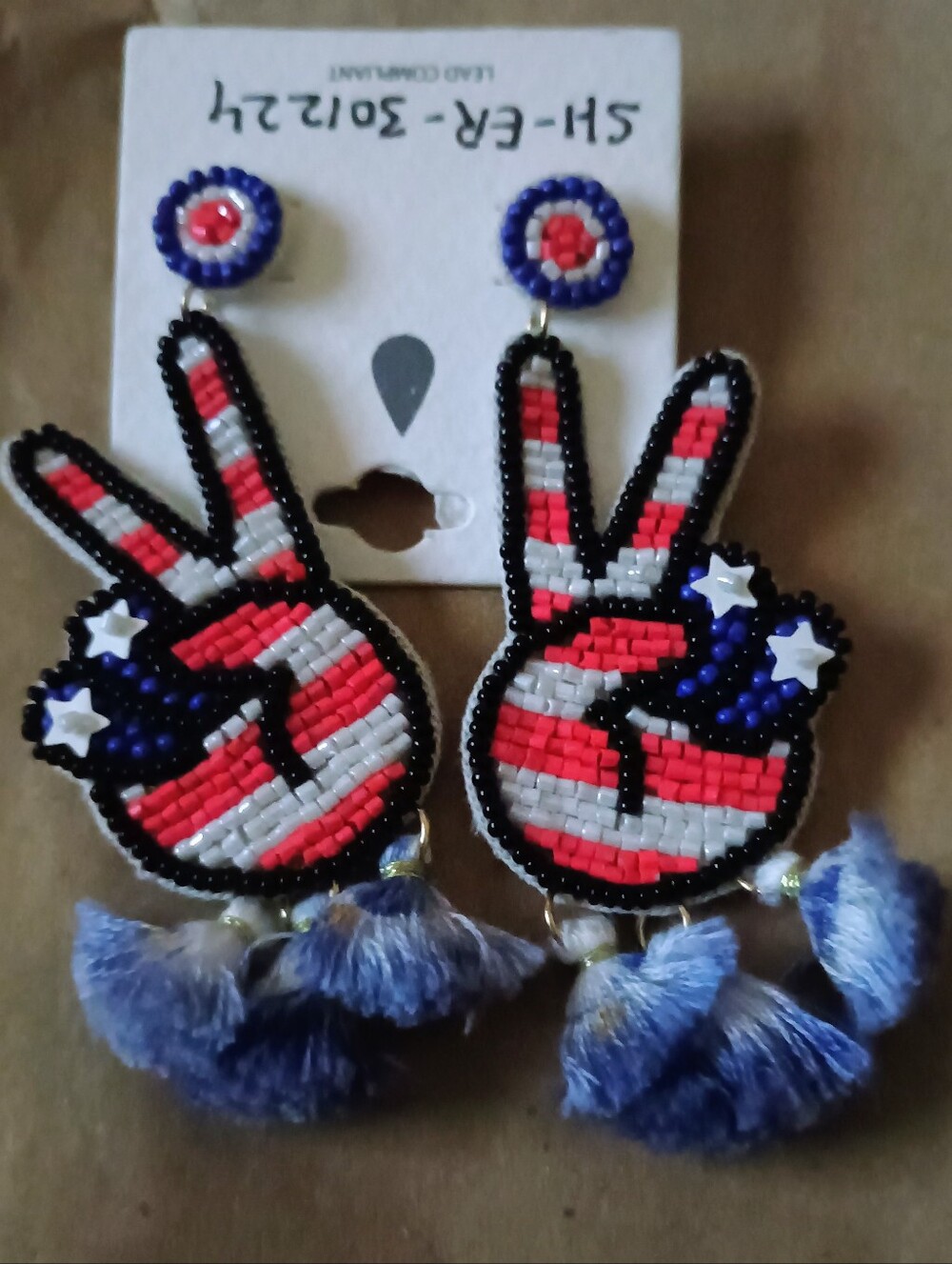 Handmade Beaded American Flag Peace Sign Tassel Earrings - Red White Blue - Picture 2 of 2